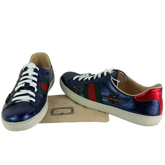 GUCCI Ace Metallic Blue Lather Crystal Arrow Men's Sneakers 11 - 11.5 US - Picture 1 of 11